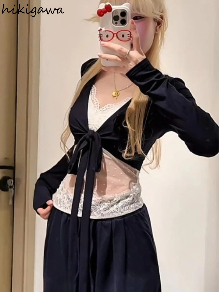 

Two Piece Sets Women Clothing Long Sleeve Bandage Cropped Tops V-neck Lace Polka Dot Sweet Vest Outfits Fashion Summer Sexy Suit