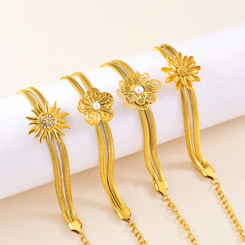 

European and American Fashion Double Snake Bone Stainless Steel Bracelets encrusted Sun Flower Bracelet for Women