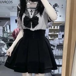 Dark Gothic Style Lolita JK Skirt Set Women Kawii Bow Lace Sailor Collar Blouse Mini Suspender Skirt Female Japan Sweet Y2k Suit