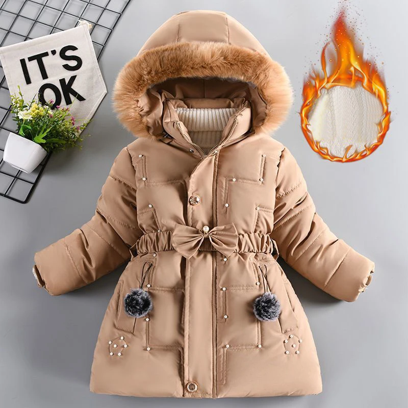 Winter Girls' New Nail Bead and Plush Thickened Waist Hair Collar Hooded Fashionable Windproof and Warm Cotton Jacket