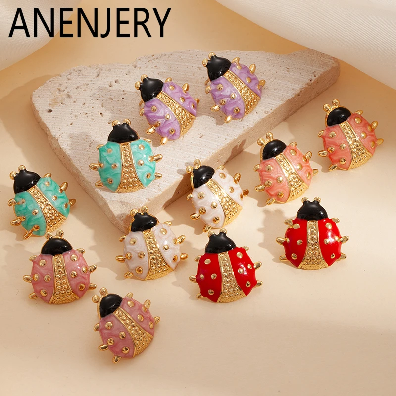 ANENJERY 316L Stainless Steel Drop Oil Ladybug Earrings For Women Creative Special Niche New Trend Lady Party Jewelry Gifts