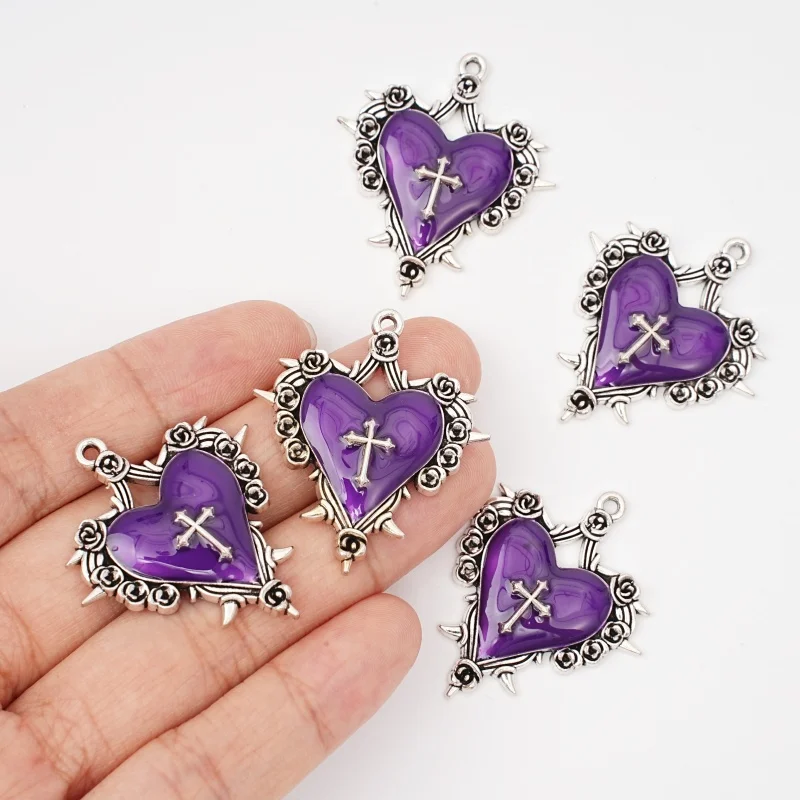 5Pcs Gothic Purple Imitation Enamel Thorn Rose Heart-Shaped Cross Pendant Necklace Earrings Bracelet Jewelry Making Accessories