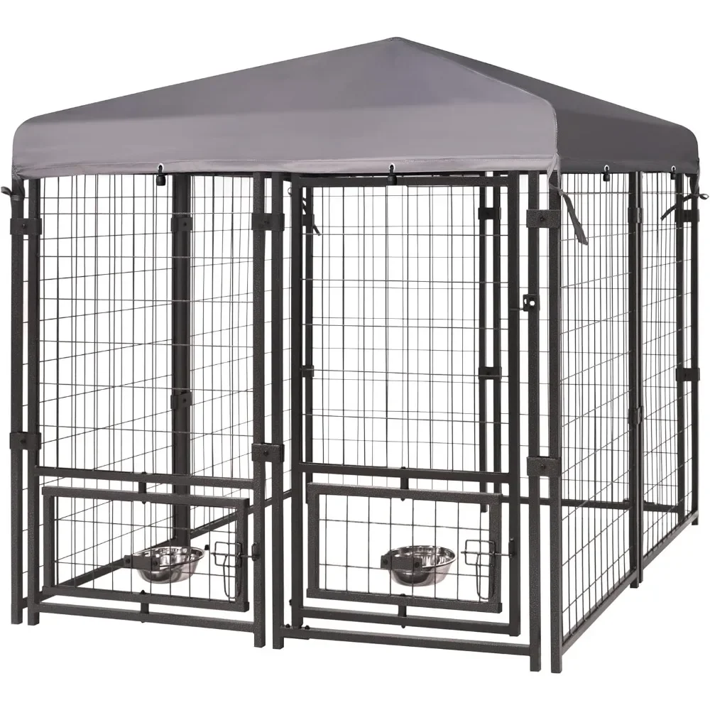 

Outdoor Dog Kennel, Large Heavy Duty Metal Dog Cage Dog Pen Enclosure House with Roof & Rotating Feeding Door