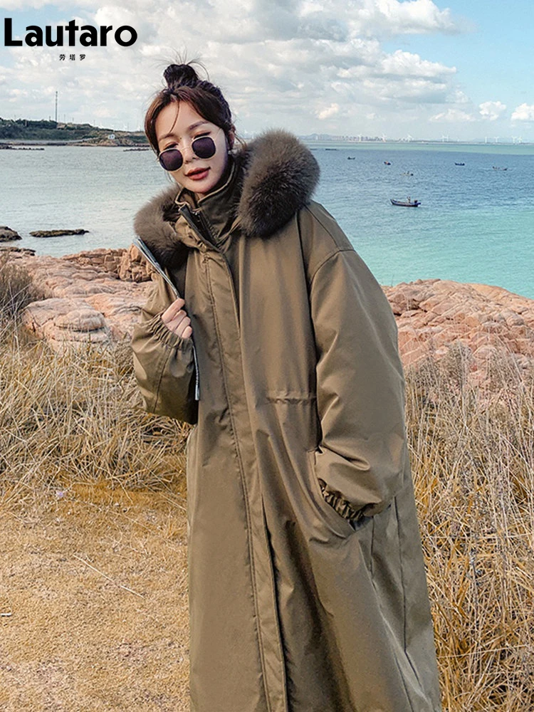 Lautaro Winter Long Brown Thickened Warm Faux Fur Parka with Hood Zip Up Loose Casual Korean Fashion with Faux Fur Inside 2023