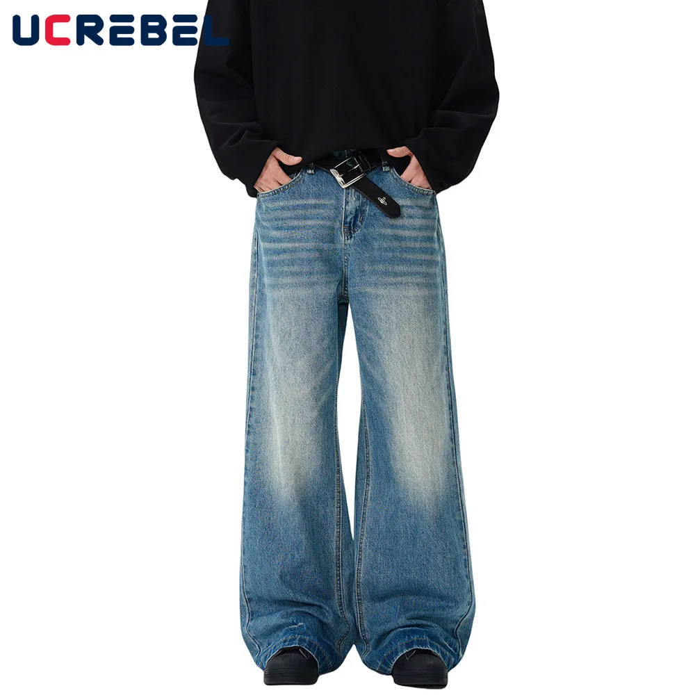 

Moustache Effect Washed Distressed Jeans Scratch Retro High Street Loose Straight Wide Leg Denim Flare Pants Men