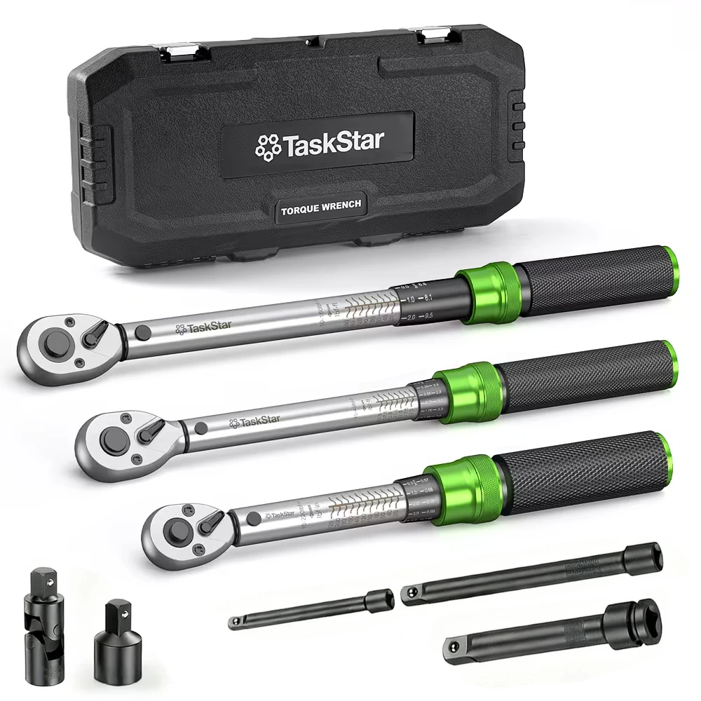 TaskStar 3PCS Preset Click Torque Wrench Set 1/4" 3/8" 1/2" Drive 5-210N.m Dual-scale ±3% High Precision Manual Ratchet Torque Spanner For Car Motorcycle Bike Repair
