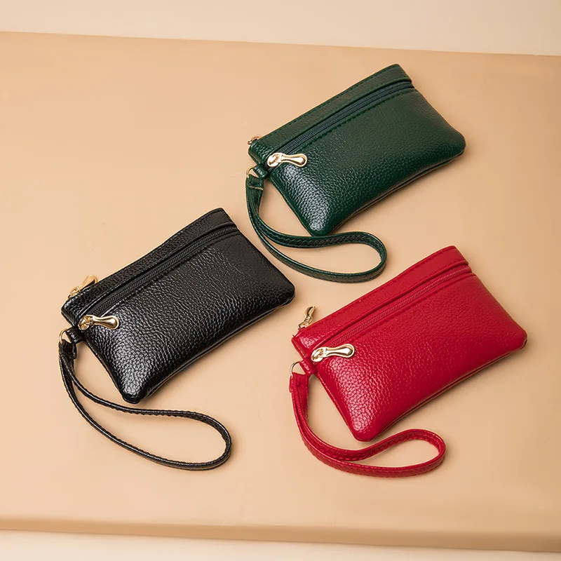 Women Leather Wristlet Purse Female Gold Zipper Wallet Ladies Small Coin Pouch Clutch Bag Daily Travel Storage Handbag Pack