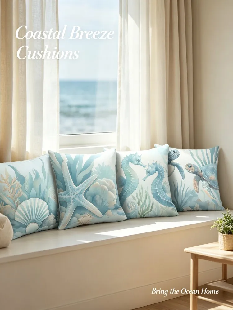 Pastel Ocean Peach Skin Cushion Covers  Gradient Blue Seaweed Coral Sea Animal Pattern Decorative Throw Pillow Covers, Minimalis