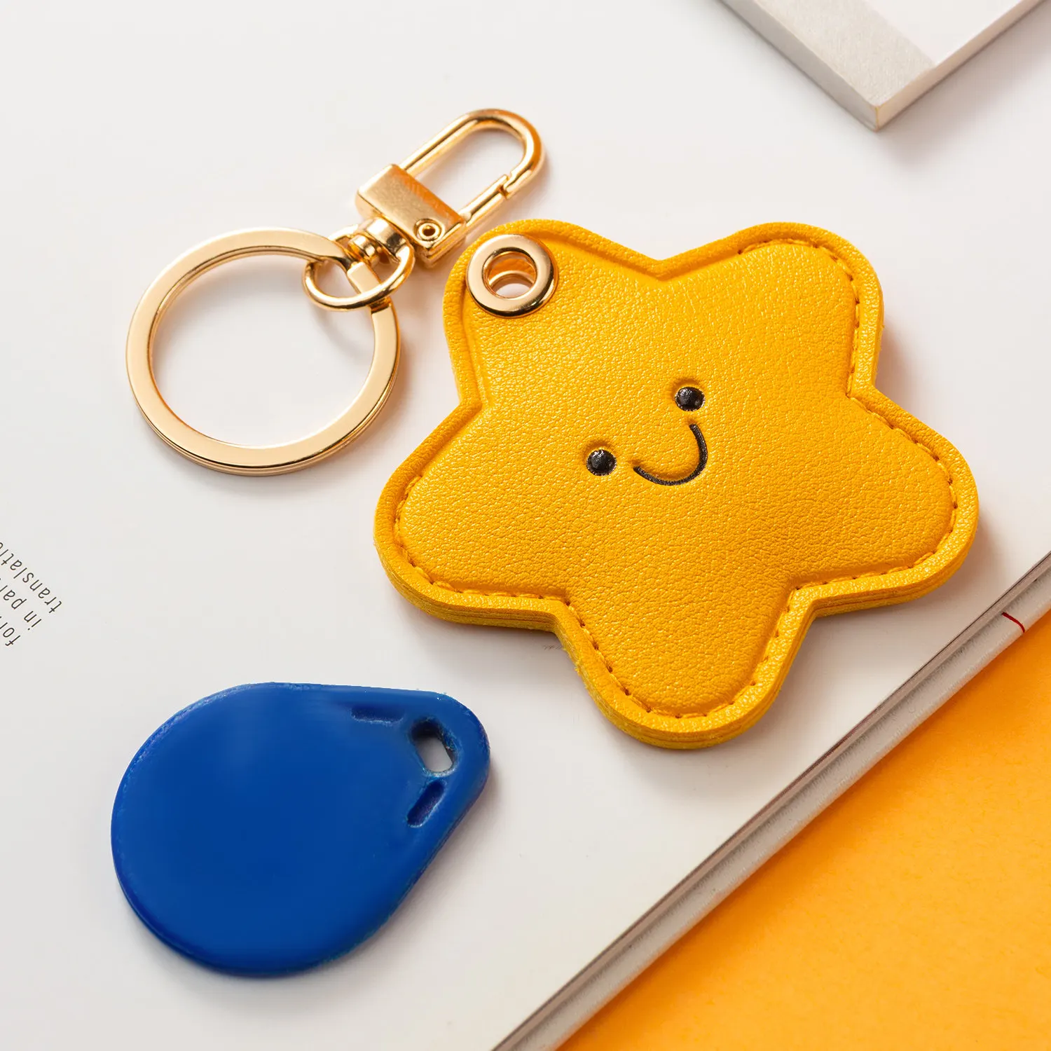 Cute Smile Face Leather Keychain Star Heart Shape RFID Access Control Card Airtag Protector Case Key Ring Holder for Girls Gift