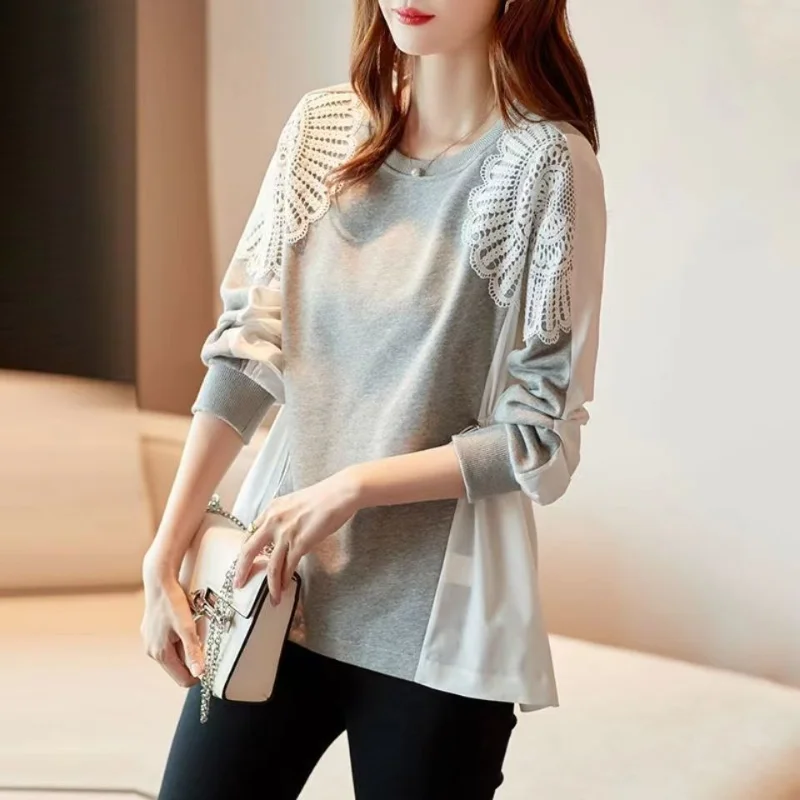 Large Size Sweatshirt Round Neck Lace Spliced Loose Korean Style Thin Gray Top Long Sleeves Make You Look Slim and Loose