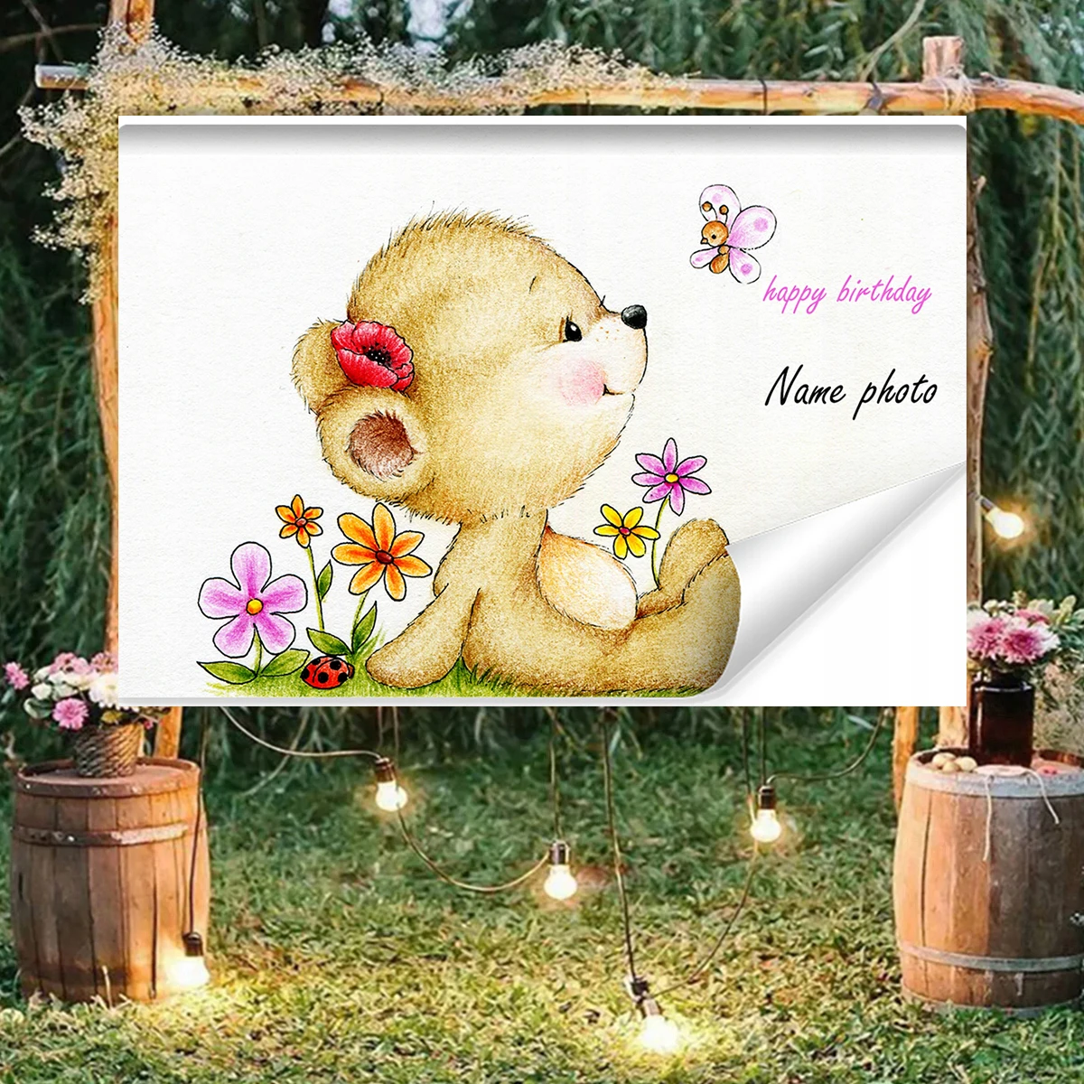 Cute Teddy Bear Photography Welcome Party Name Customiz Backdrop Background Happy Birthday Butterfly Children Bedroom Decoration