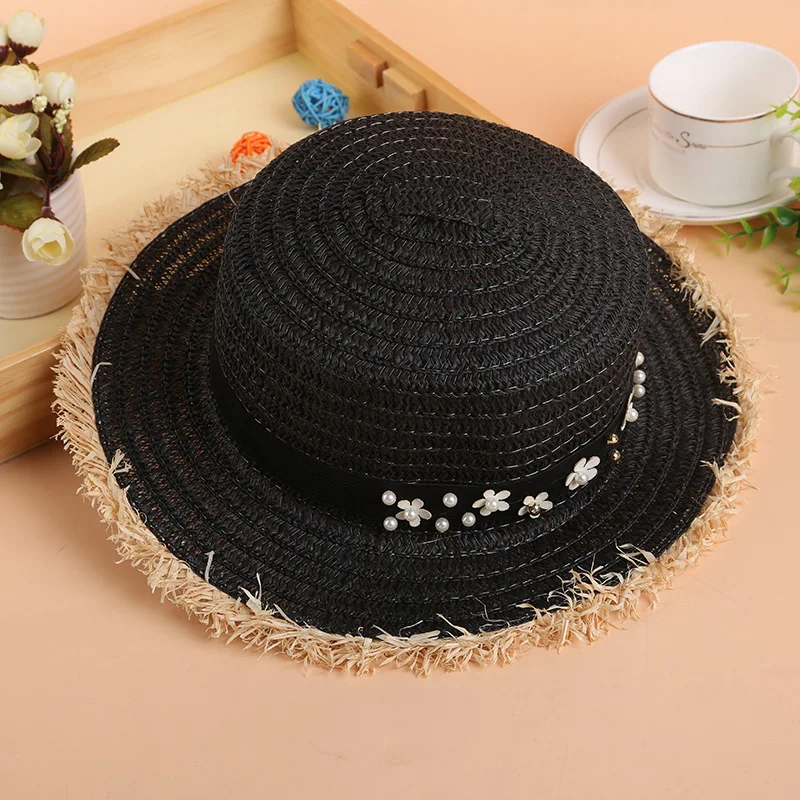 2025 Sombrero de paja coreano con borde crudo para mujer, botín flexible con ala de gran tamaño, transpirable y elegante para playa de verano