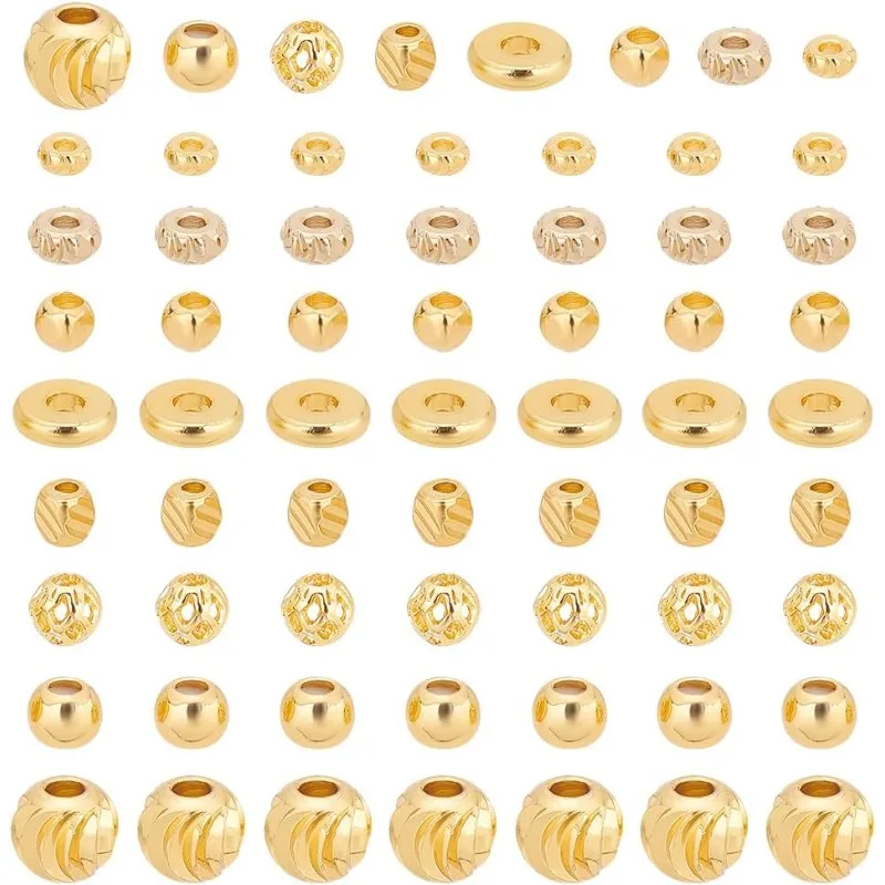 

160PCS Golden Spacer Beads 8 Style 14K 18K Gold Disc Heishi Beads Flat Round Loose Beads Cube Metal Beads Spacers for Jewelry