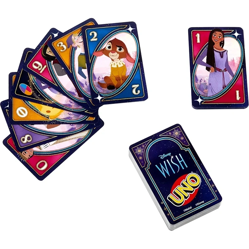 Mattel Games UNO Disney Wish-Kartenspiel für die Familienabend mit TV-Show-Thema-Grafiken und einer besonderen Regel für 2–10 Spieler