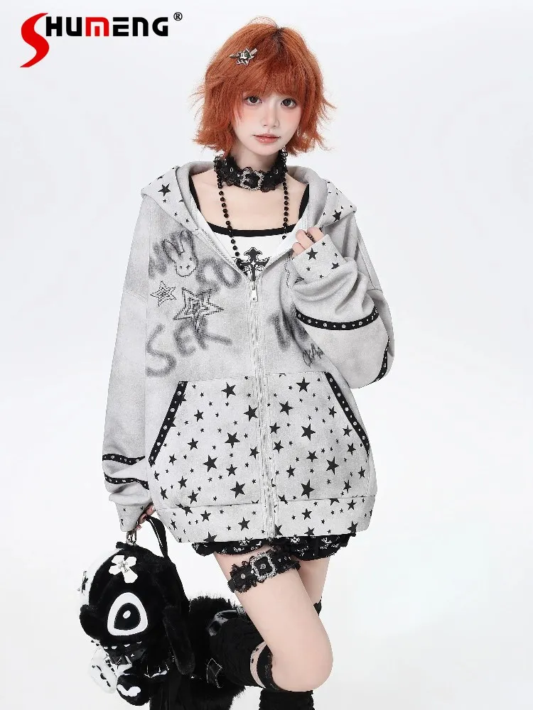 

American Fashion Streetwear Retro Cat Graffiti Hooded Zipper Loose Casual Versatile Sweatshirts Jackets for Women Spring 2026