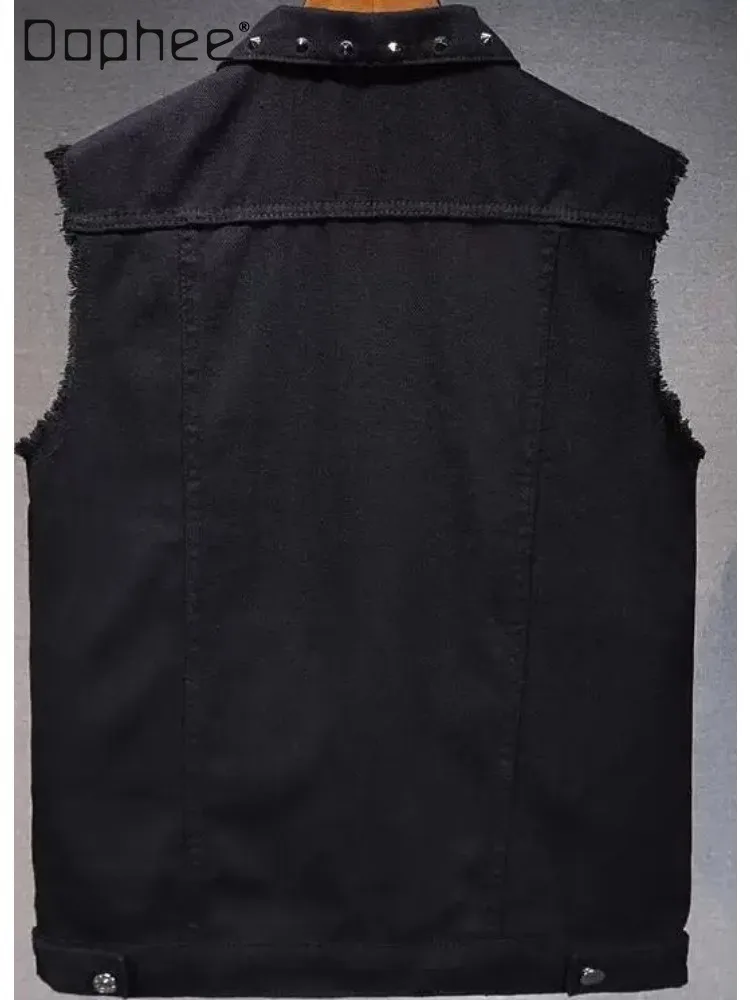 2026 Spring Summer Men's Rivet Denim Vest American Punk Motorcycle Sleeveless Stage Waistcoat High Street Outerwear Tank Coat