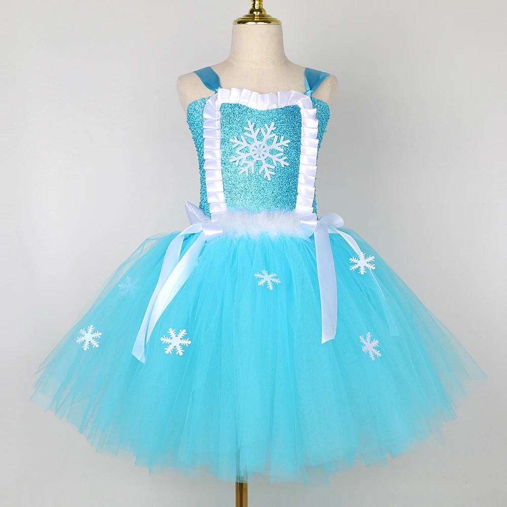 Skyblue Elsa Princess Dresses Girls Snow Queen Christmas Costumes Kids New Years Fancy Outfit Snowflakes Xmas Tutus with Crown