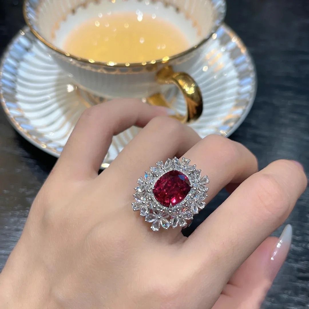 Brillian Premium Luxury Oval Burgundy AAA Zircon Flower Rings for Women Resizable Bride Wedding Engagement Jewelry Gift X1327