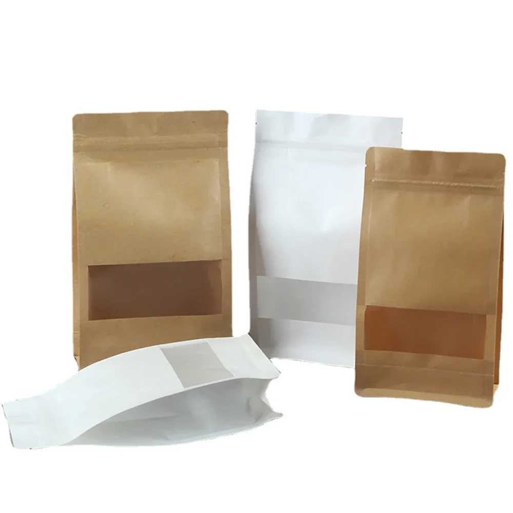 

50pcs Recyable White/Yellow Paper Window Zip Lock Bag Heat Sealing Biscuit Nuts Spice Coffee Beans Storage Packaging Pouches