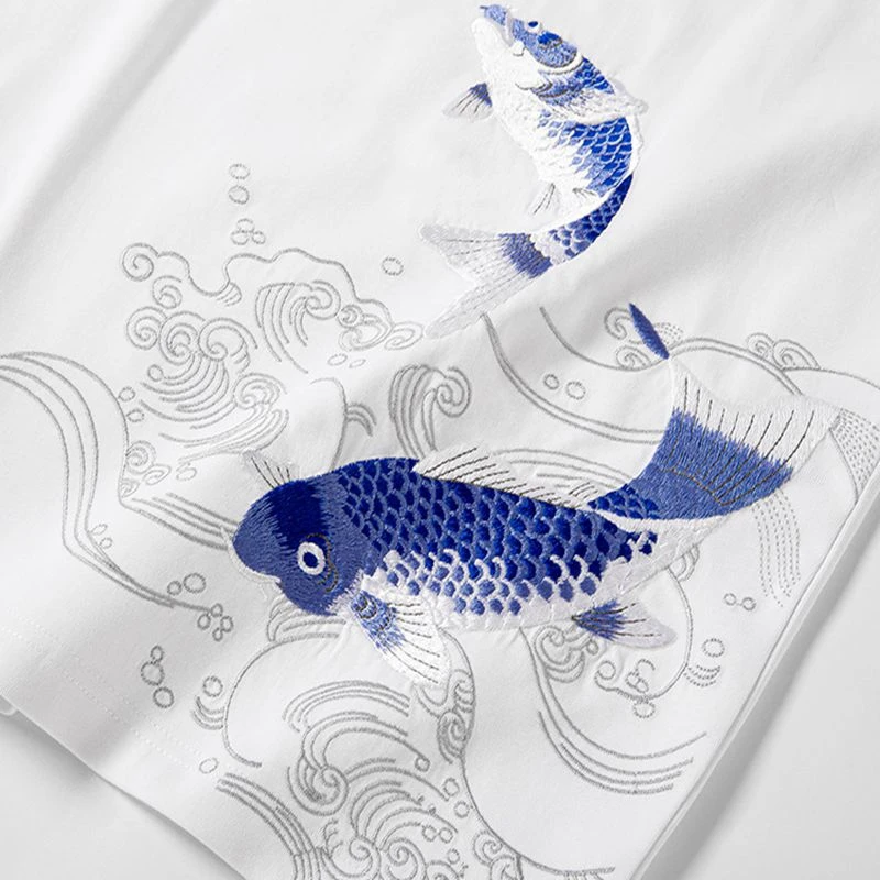 Lyprerazy Summer Chinese Style Carp Embroidery Short-sleeved Men T-shirt Cotton Loose Tops Tees