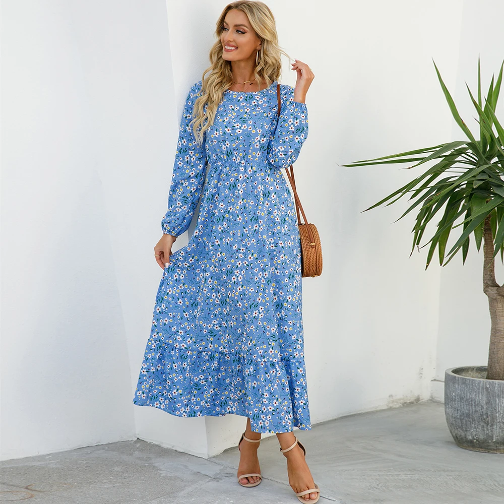 Maxi abiti da donna Sping autunno bohémien Casual manica intera vita alta spiaggia donna abiti in Chiffon abito lungo floreale vestido