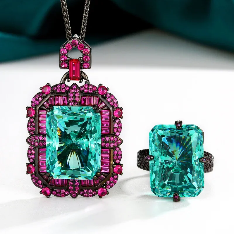 Vintage Adjustable Ring Pendant Necklace Rectangular Red Paraiba Gemstones Statement Jewelry with Pink Accents for Women Gift