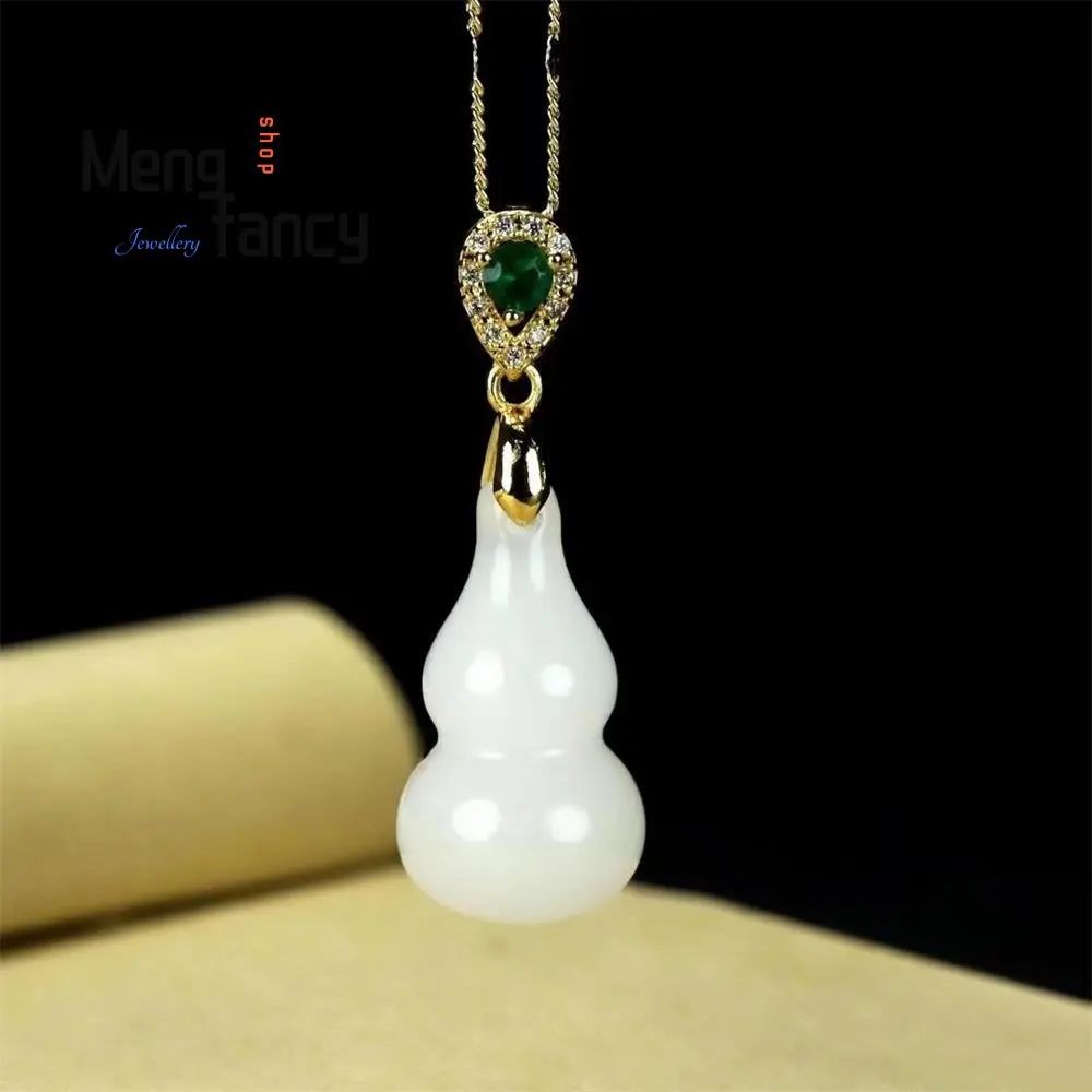 

Natural Sheep's Fat White Golden Jade Inlaid Gourd Pendant Charm Exquisite Best Selling Fashion Luxury Fine Jewelry Holiday Gift