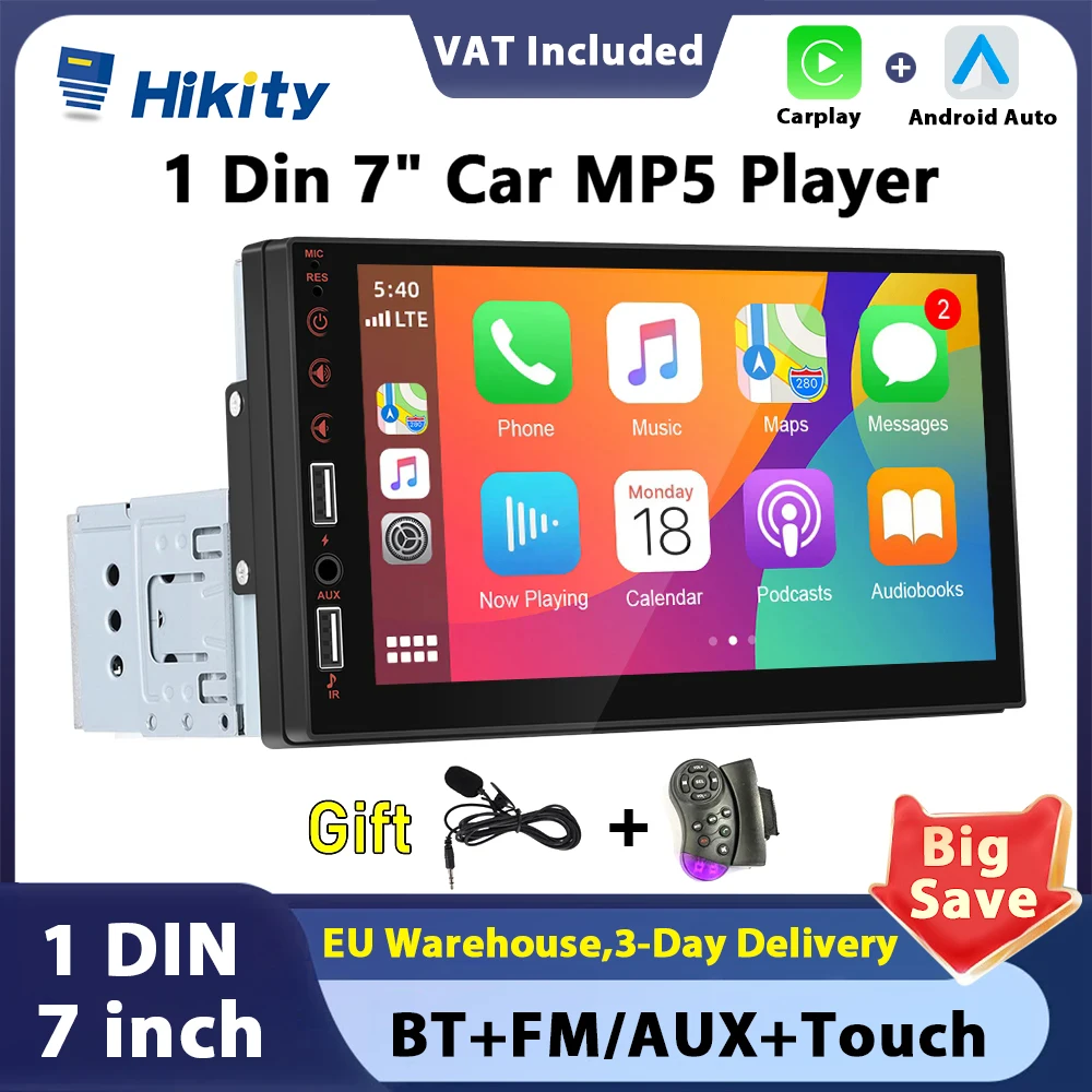 Hikity 1din Carplay Car MP5 Player Autoradio Audio Stereo  7" Touch Screen FM Receiver Bluetooth Car Audio Support Mirror-Link