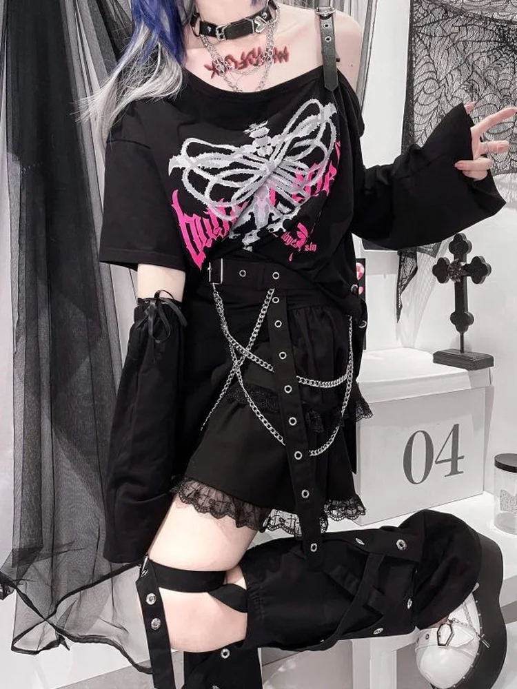 Y2k Aesthetic Black T Shirt Women Harajuku Off Shoulder Skull Print Gothic Graphic  Shirts Japanese Punk Grunge Streetwear ee