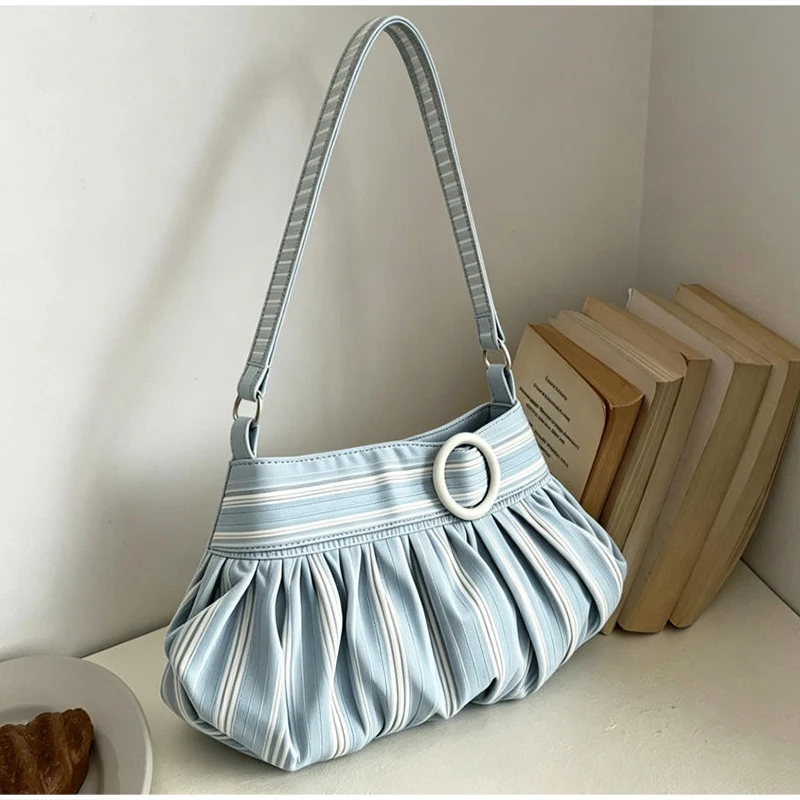 Koreanische Polka-Dot Plissierte Stern-Streifen Hobo Unterarm-Schultertasche, Süße Niedliche Damenhandtasche, Leichte Stoff-Freizeittasche für Frauen – Detail 6