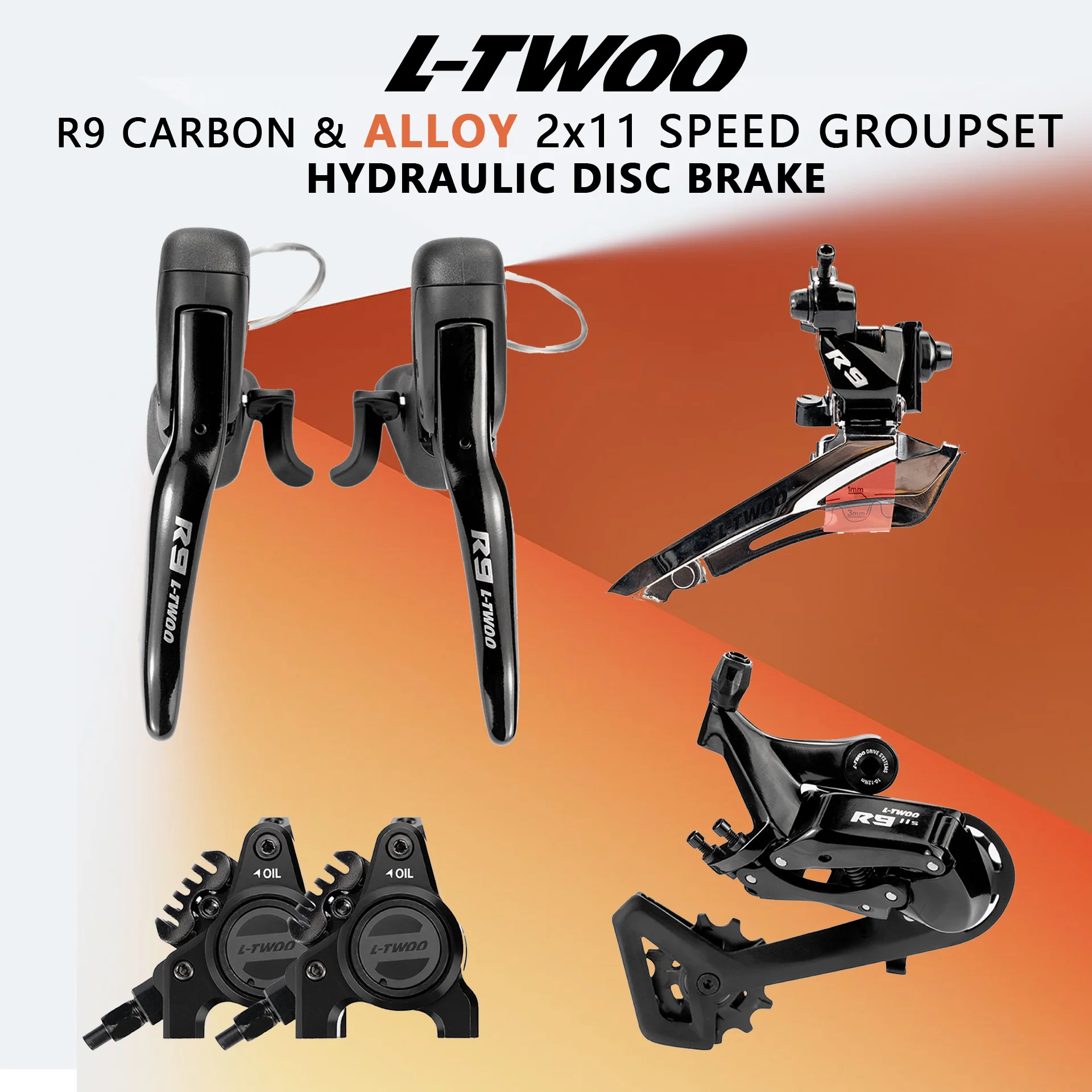 LTWOO R9 Road Hydraulic Disc Brake Groupset 2x11 22 Speed Carbon Alloy Version Shifter Front Rear Derailleur Caliper 4 Piece Kit