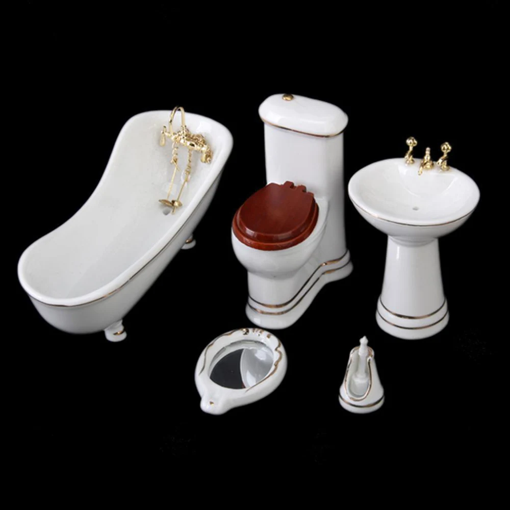 

5PCS Miniature Bathroom Ceramic Closestool Bathtub Scale Model Dollhouse 1:12 Mini Ornaments Simulation Models Diy Home Decor