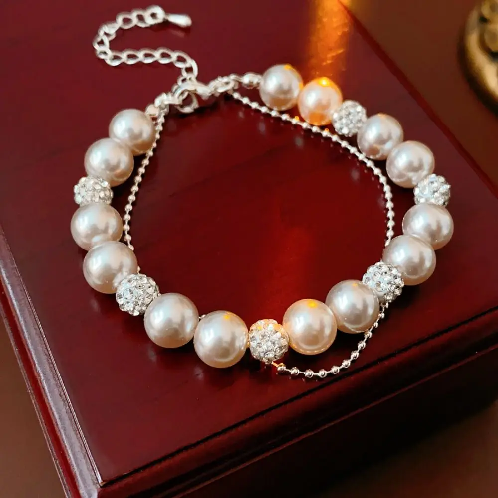 

Elegant Pearl Crystal Bracelet Shining Zircon Hand Jewelry Beaded Hand Bangle Light Luxury Charm Double Layer Bracelet Party