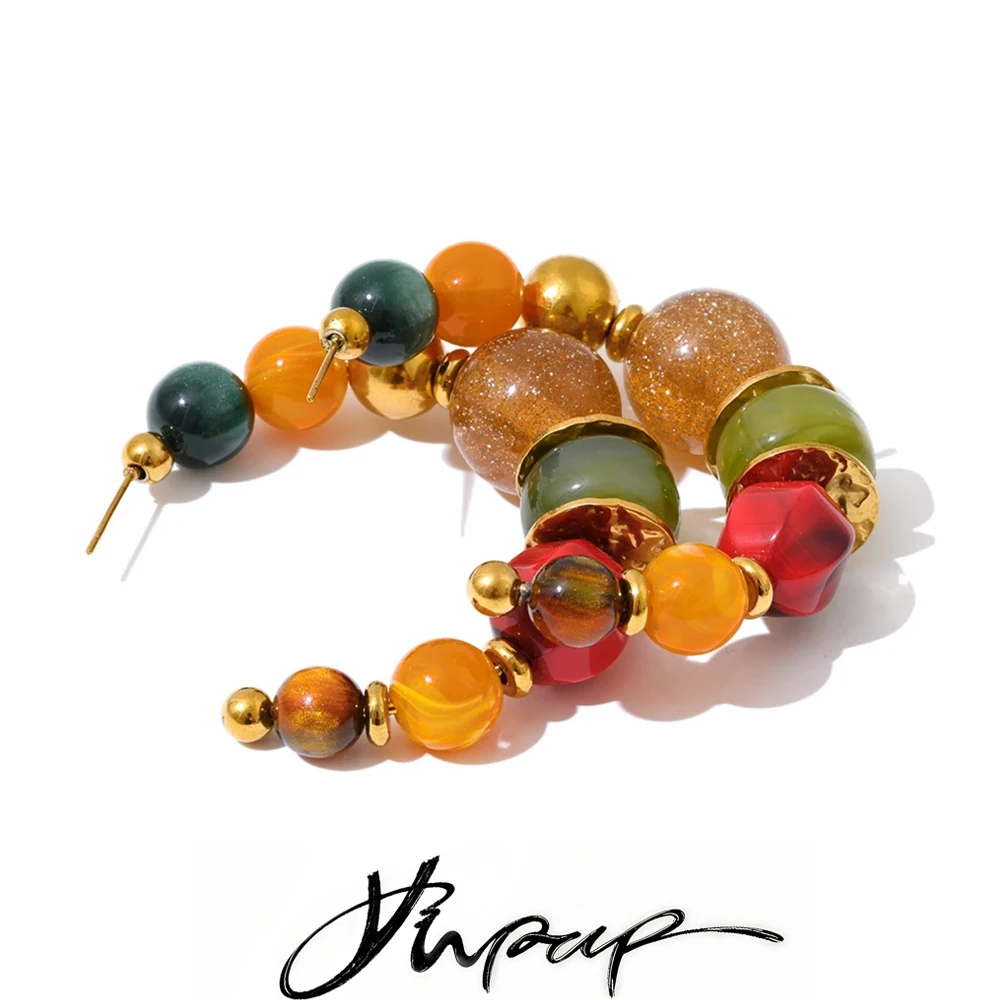 Yhpup French Colorful Acrylic Beads C-Shape Huggie Earrings Tarnish Resistant Stainless Steel Fashion Handmade Charms Jewelry