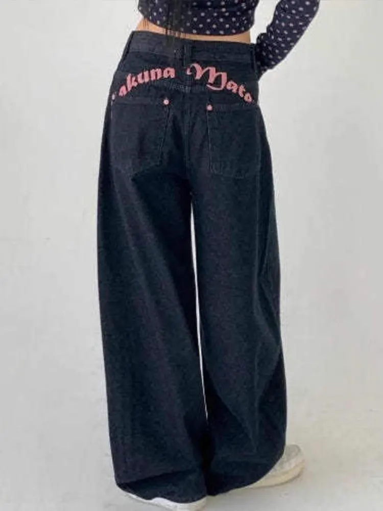 Jeans retrò a gamba larga a vita alta da donna, pantaloni estivi in denim con scritte ricamate e coltello drappeggiato, vestibilità dritta