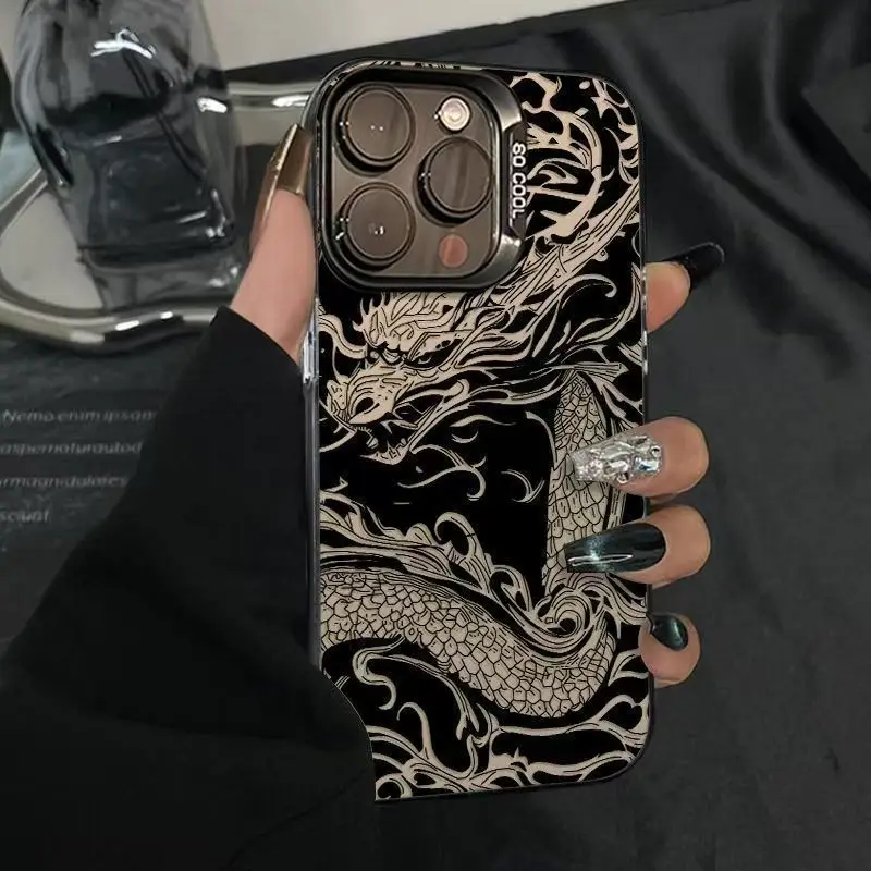 Mythical Black Dragon totem Pattern Phone Case For iPhone 16Pro 15 14 Plus 13 12 11 Pro Max Plating Matte Shockproof back Cover