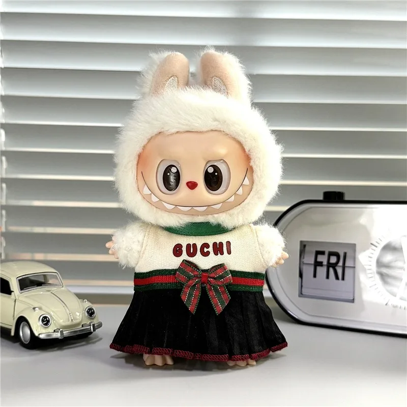 ชุดกระโปรงลายทางสีแดงน้ำเงินสุดหรูสำหรับตุ๊กตา Labubu ขนาด 15-17 ซม. พร้อมรองเท้าหนังแฟชั่น ชุดเสื้อผ้าและเครื่องประดับ