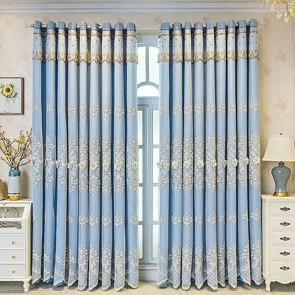 1 Panel 132cm Width European Double Layer Curtain with Valance for Living Room Bedroom Luxury 3D Flower Embroidered Curtain