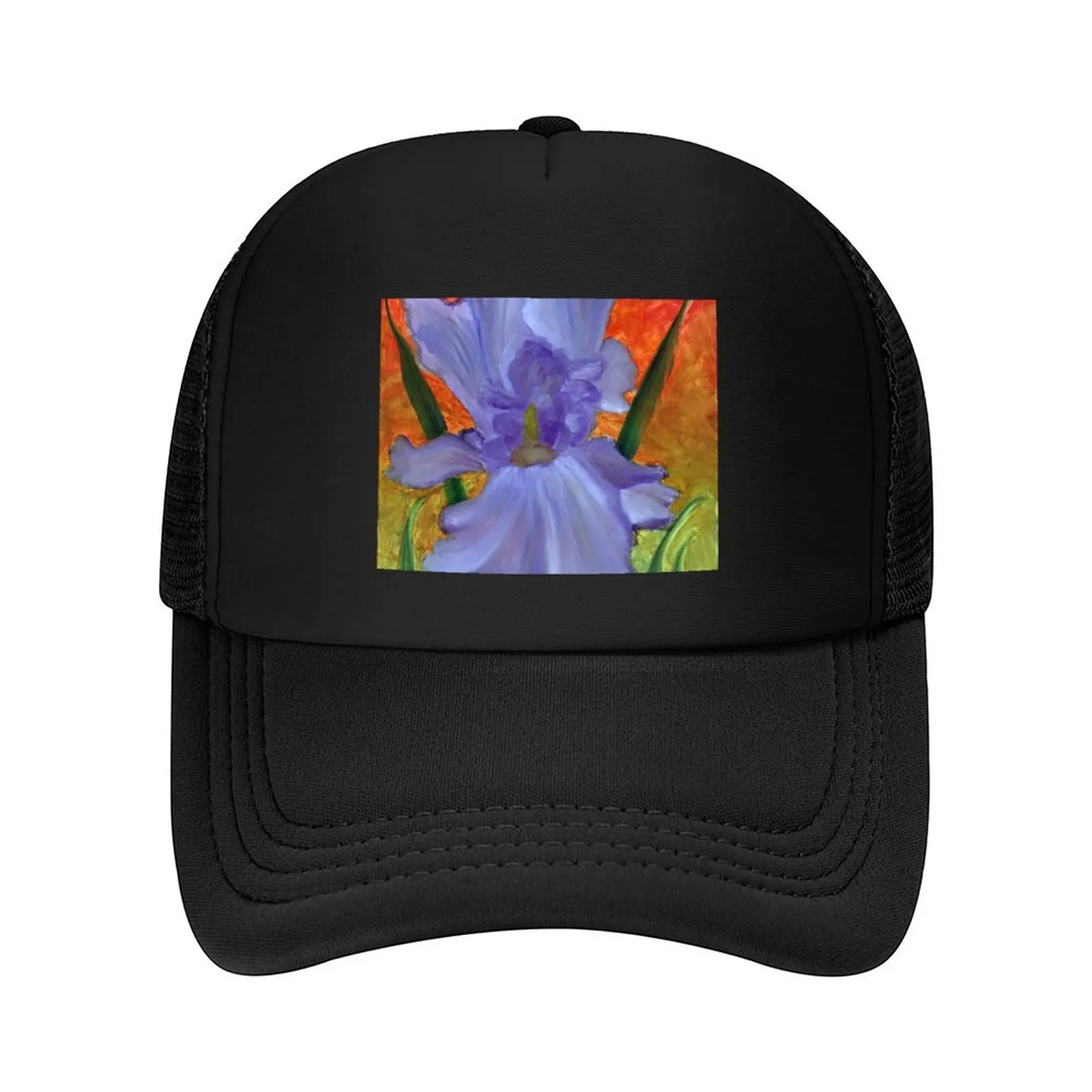 

Rainbow Purple Iris Flower Against Fiery Sunset Colors, Abstract Oil Painting, Colorful Flower, Nature-Inspired, Un Baseball Cap