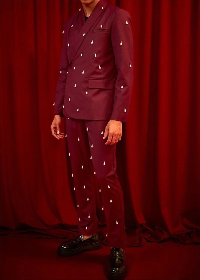 

Pearls Prom Men Suits Set For Wedding Tuxedo Burgundy 2 Pieces Groom Blazer+Pants Formal Office Custom Made Party Jacket Coat