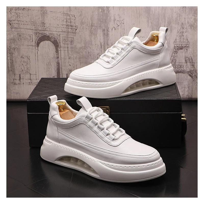 British style mens casual white shoes lace-up genuine leather flats shoe comfortable air cushion sneakers platform footwear male