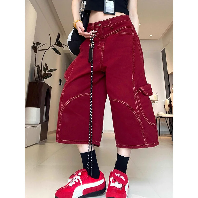 Retro Red Jeans Cropped Pants Women 2025 Eur Us R Summer Modern Neutral Deconstruction Pocket Curved Knife Workwear Shorts New