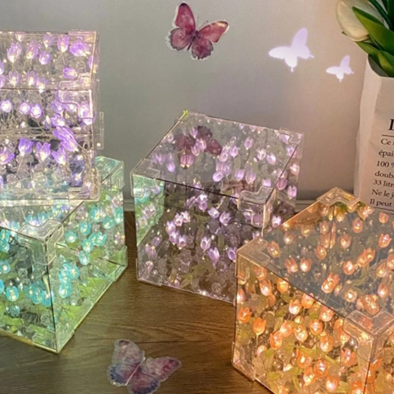 Romance Tulips Night Light DIY Craft Kits Handmade Tulips Flower Square Cube Table Lamp for Home Decors Ambiences Light