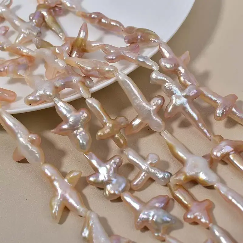 

16 inches 20-40mm Natural Pink Center Drilled Cross Pearls Loose Strand