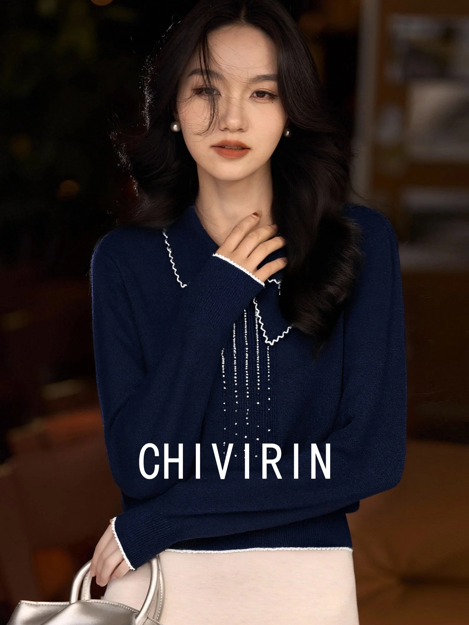 

Вязаный шерстяной свитер Ele с воротником-куклой и бантом для женщин, приталенный, синий, весна-осень, женский топ