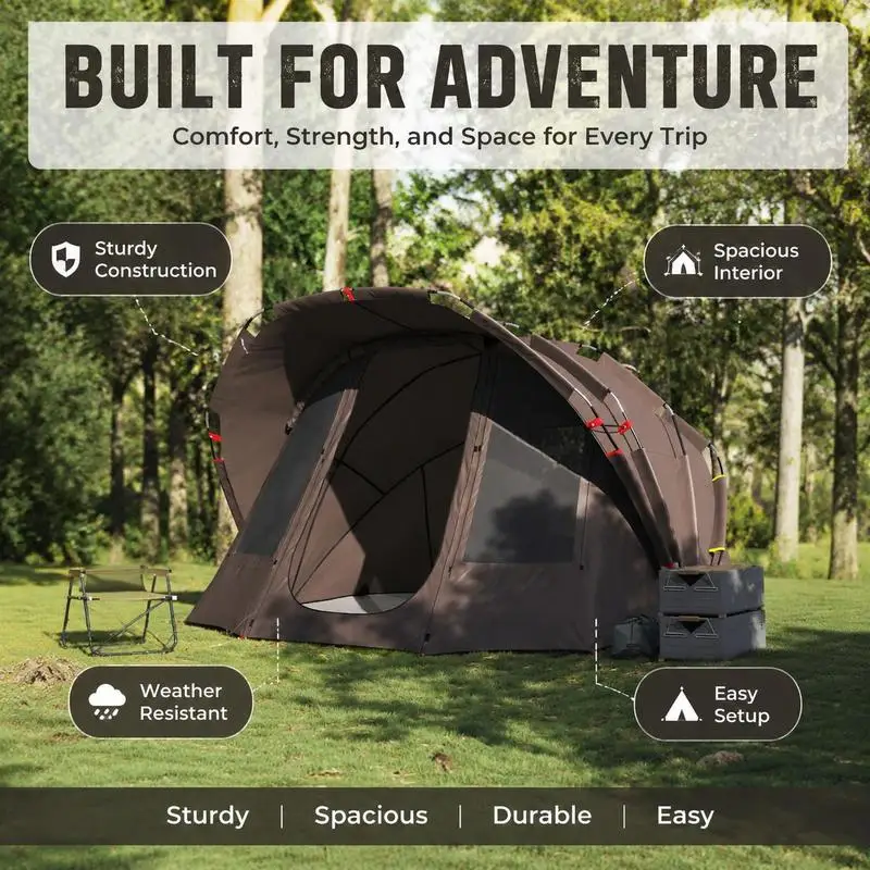 Tente de pêche pour 5 personnes, construction en polyester double couche avec fenêtres de ventilation, intérieur spacieux pour la pêche de nuit, le camping et les aventures en plein air, marron, 500x320x190 cm