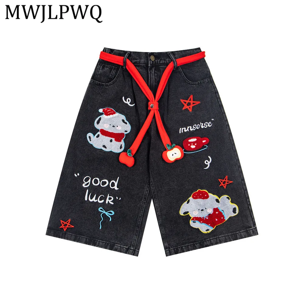 

MWJLPWQ Heavy-Duty Flocked Embroidery Distressed Denim Shorts Summer Men's Loose Casual Wide-Leg Pants 2026 Trendy 14612