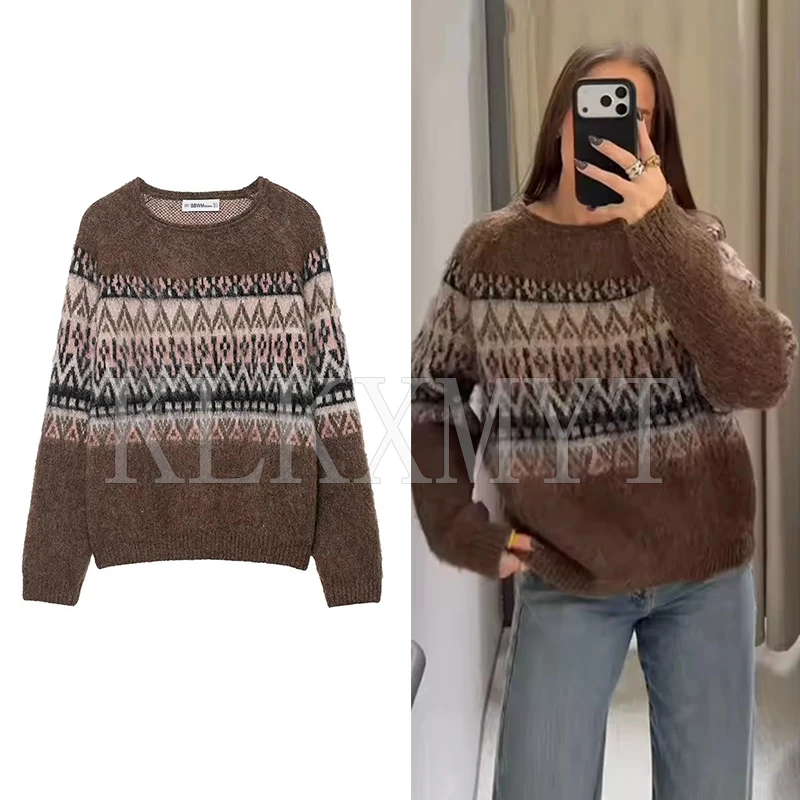 

Women's Soft Knitted Top Women Fashion Long Sleeve Vintage Jacquard Sweater Pullover 2025 New Casual Loose Knitwear Tops ﻿ ﻿