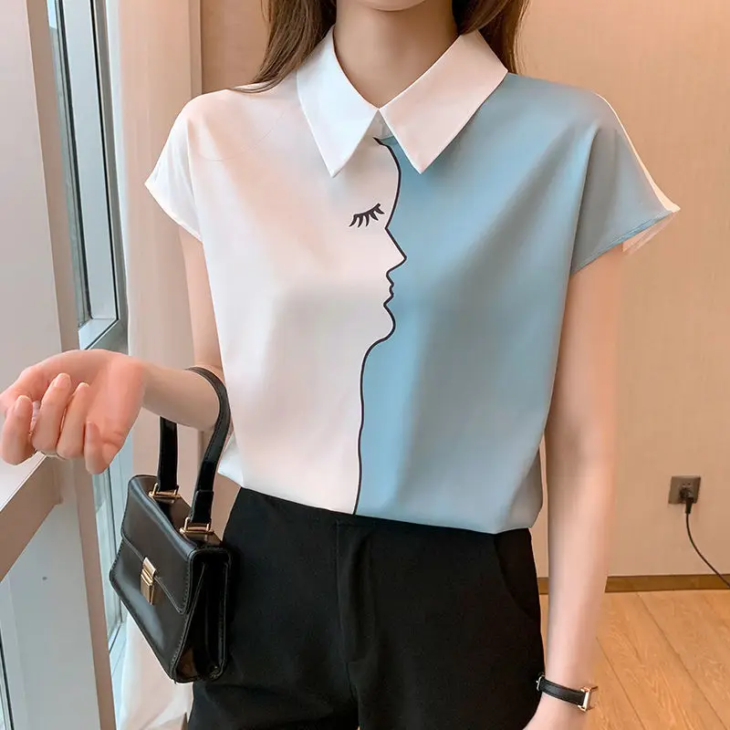 Contrast Patchwork Printing Chiffon Blouse Summer New Thin Short Sleeve Temperament Shirt Tops Fashion Elegant Women Clothing