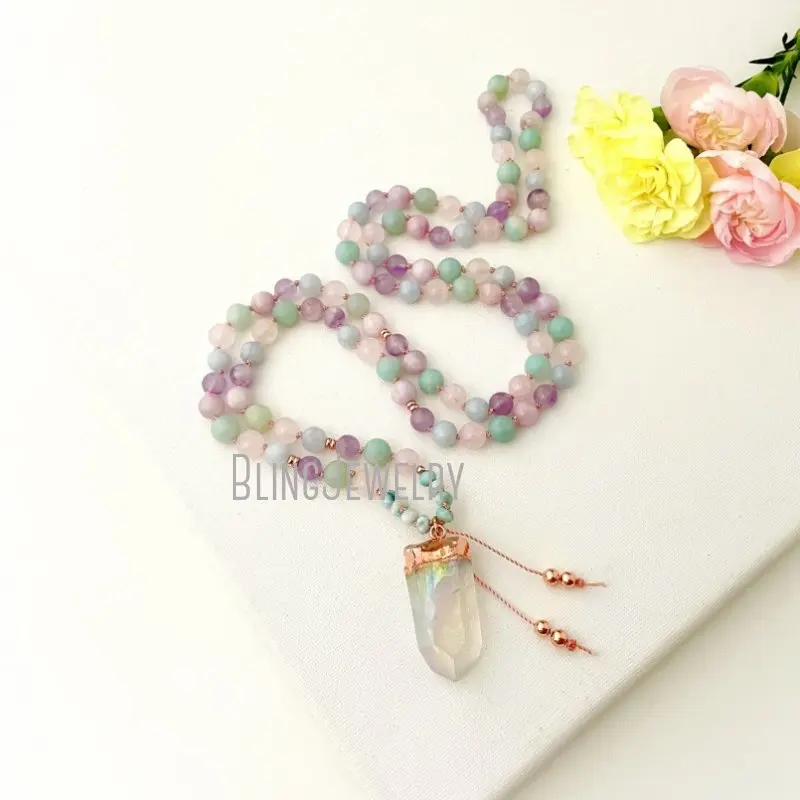 MN43549 Goddess Mala Necklace With Larimar Kunzite Rose Quartz Amethyst Aquamarine Amazonite  Beads 108 Prayer  Yoga